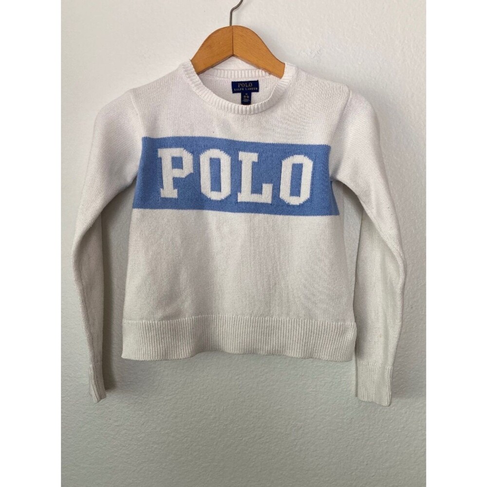 Polo Ralph Lauren Youth Med(8-10) White Knit Sweater Block Print Polo